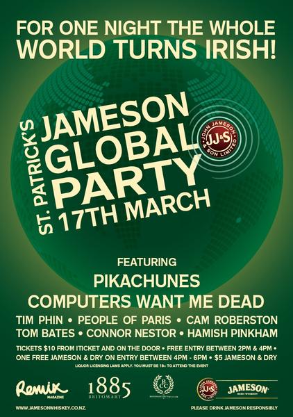 St. Patrick's Day Jameson Global Party at 1885 and The Britomart Country Club, to be held on Thursday 17th March